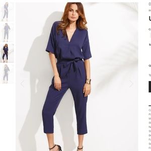 Dropped Shoulder Button Self Tie Jumpsuit